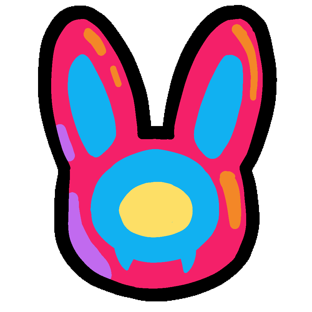 the Drink Bread logo. It is a pink forward facing rabbit head shape, with two blue ovals inside the ears, a round blue shape with fangs on the face, and a yellow round shape inside the blue round shape.